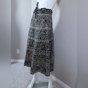 Vintage Black & Cream Cotton Wrap Skirt | Boho Ethnic Print Midi Skirt | Adjusta